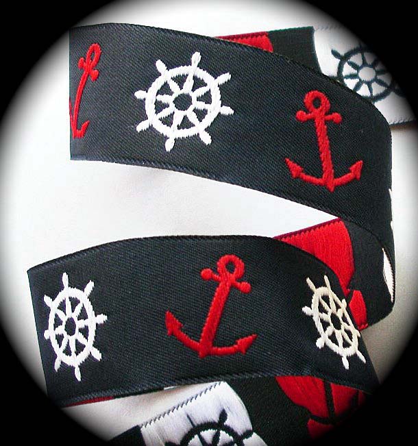 NAUTICAL12A  1" (25 YDS ) NAVY/RED/WHITE ANCHORS/WHEELS