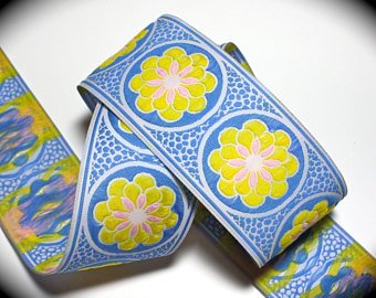 Daisy Dot Flower 1 7/8" x 3 yds  Blue, Yellow and Pink