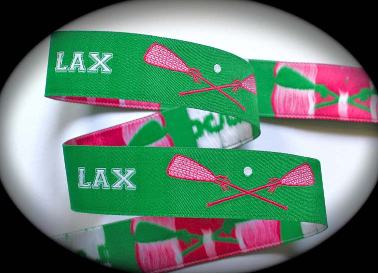 Lax Rackets & Wording3 - 1" (3 yds)Green, Pink & White-Lacrosse