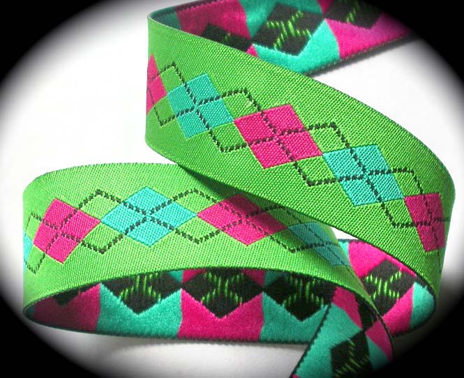 ARGYLE27 - 1" (3 yds) SPRING GREEN/PINK/TEAL DOUBLE DAMASK