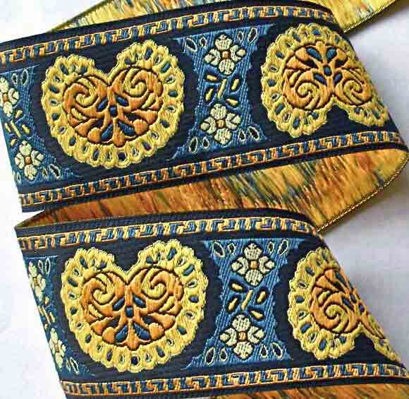 BIJOUX6b Ribbon  1 7/8" x 10 y BLUE/YELLOW GOLD