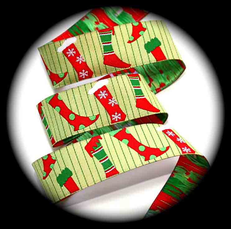 Christmas Stocking Ribbon 1"Lime, Red, White Old Fashioned 25y