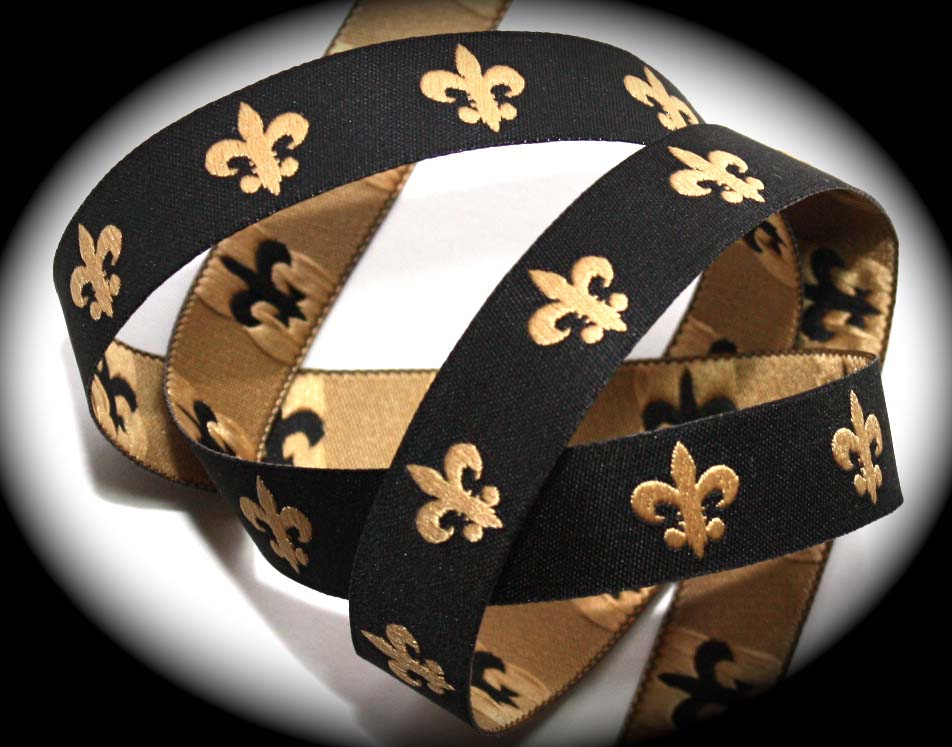 FLEUR DE LIS4 5/8" (25 yds) BLACK/GOLD DAMASK GO SAINTS!!