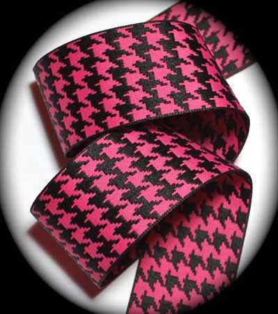 HOUNDSTOOTH Ribbon 1 1/2" BLACK/PINK WOVEN (10 YDS)