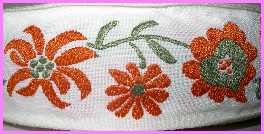 fp59 1 1/4" Vintage Off White Orange/Loden Flowers (3yards)