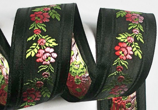 FLORAL1322 1 3/8" (3 yds)  BLACK/PEACH/CORAL SWISS MADE RAYON