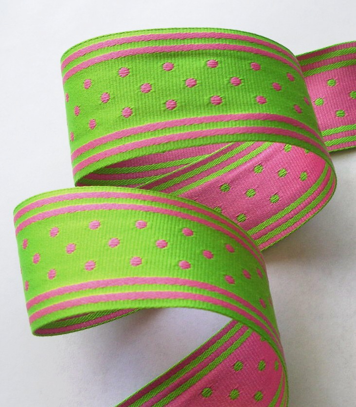 GPD164 1 1/2" GREEN/PINK REVERSIBLE STRIPES/DOTS (5 YDS)