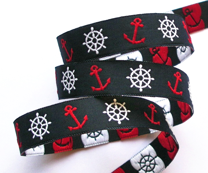 NAUTICAL 5/8" (3 YDS) NAVY/RED/WHITE  NAUTICAL ANCHORS/WHEELS