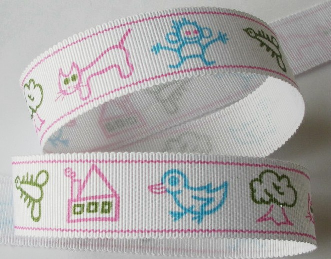 RAYON82 7/8" Poly/Rayon White Cats/Monkeys/Ducks/pink/blue 5yds