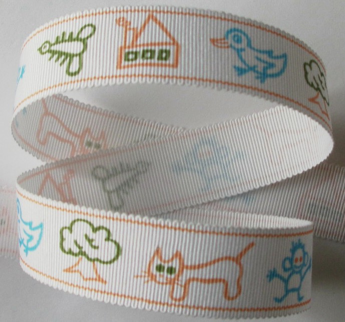 RAYON81  7/8" Poly/Rayon White Cats/Monkeys/Ducks-OR/BLUE(5YDS)