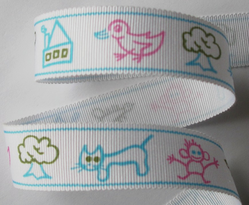 RAYON90 7/8" Poly/Rayon White Cats/Monkeys/Ducks/ BLUE/PINK 5yds