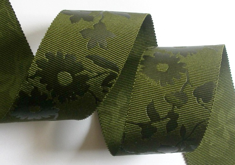 112AC9838 1 1/2" (3 YDS)Olive Floral Acetate Embossed Vintage
