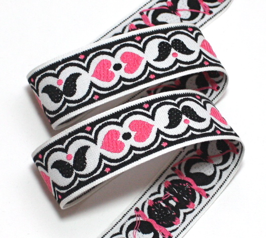 HEARTS/WINGS - 1 1/8" WHITE/BLACK/PINK-3 YDS