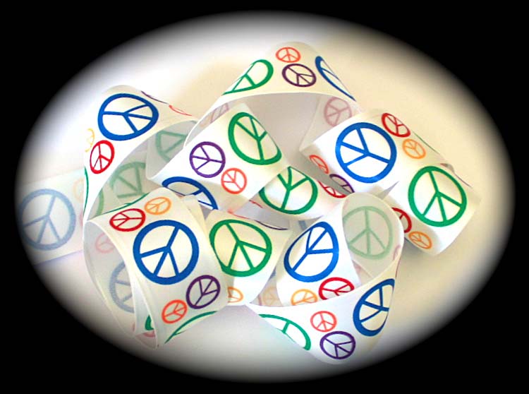 PEACE SIGN SATIN -  7/8" WHITE/RED/BLUE ETC (4YDS)LIMITD