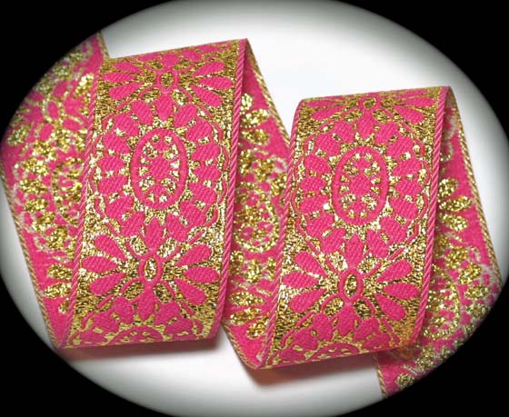 VINTAGE76 - 1 1/2" (3 yds) GOLD/PINK FLORAL - reversible