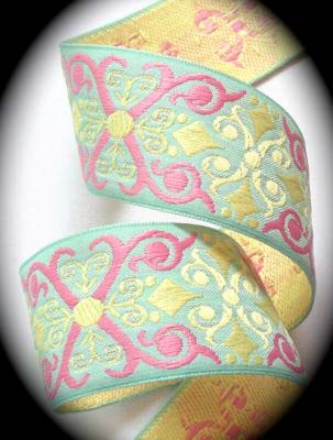 SCROLL22 1 1/2 " (3 yds)CUSTOM HEAVY WOVEN BLUE/PINK/BUTTERCUP