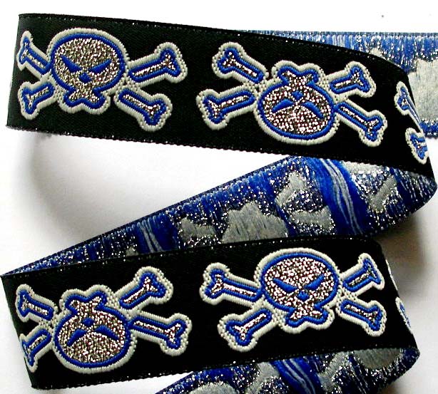 SKULL1222  7/8"(3 yds)  SKULLS/CROSSBONES -BLACK/BLUE/SILVER-pir