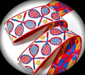 TENNISA - 1 1/4" (3 YDS) WHITE/YELLOW/RED/BLUE- VINTAGE