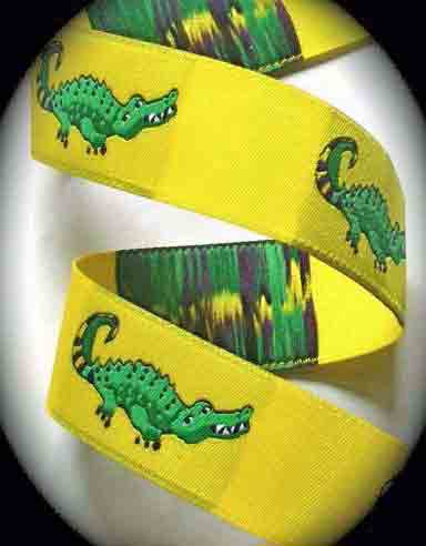 Alligator Ribbon  1" x 3 yds Yellow W/Green/Purple
