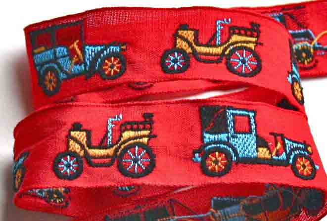 ANTIQUE CARS - 7/8" RED/BLACK/TURQ./YEL (3 YDS) VINTAGE