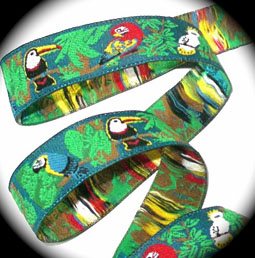 Tropical Birds Woven Ribbon 7/8" x 3 y Teal, Green, Black, Yel