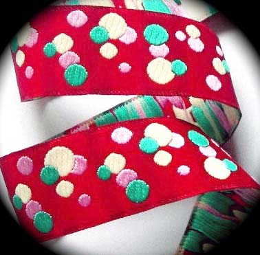 DOTS6  1" (3 yds) RED/PINK/TEAL/CREME DOTS Woven Jacquard