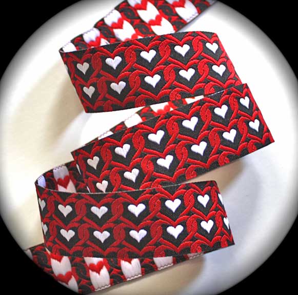 Entwined Heart Woven Ribbon  1" x 25 yds Black, Red, White