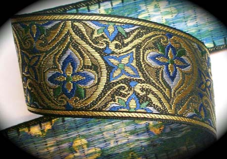 WWJ405 2 3/8" (per yd)Gold Metallic, Blue and Green