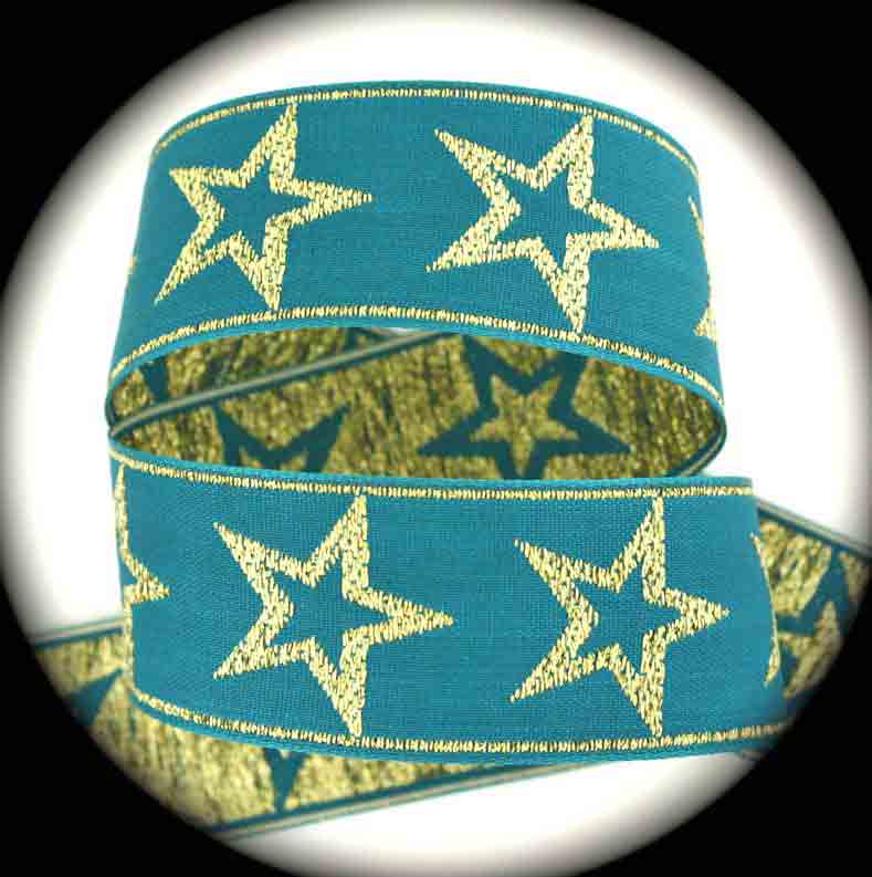Gold Stars2 - 1" x 3 yards Teal/Jade and Gold