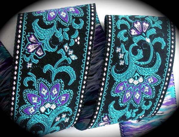 Leaf and Flower -1 7/8" Blk, Blue, Orchid (3 yds) Back In Stock