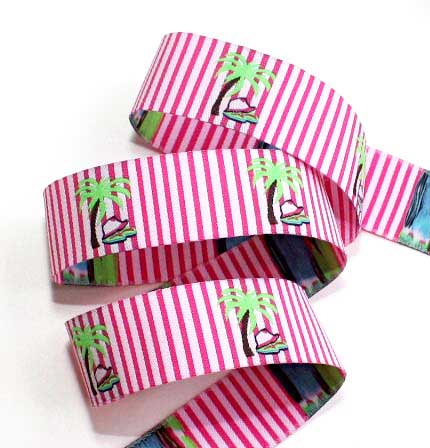 PALM 1" (3 YDS)  PINK/WHITE STRIPES/LIME PALM