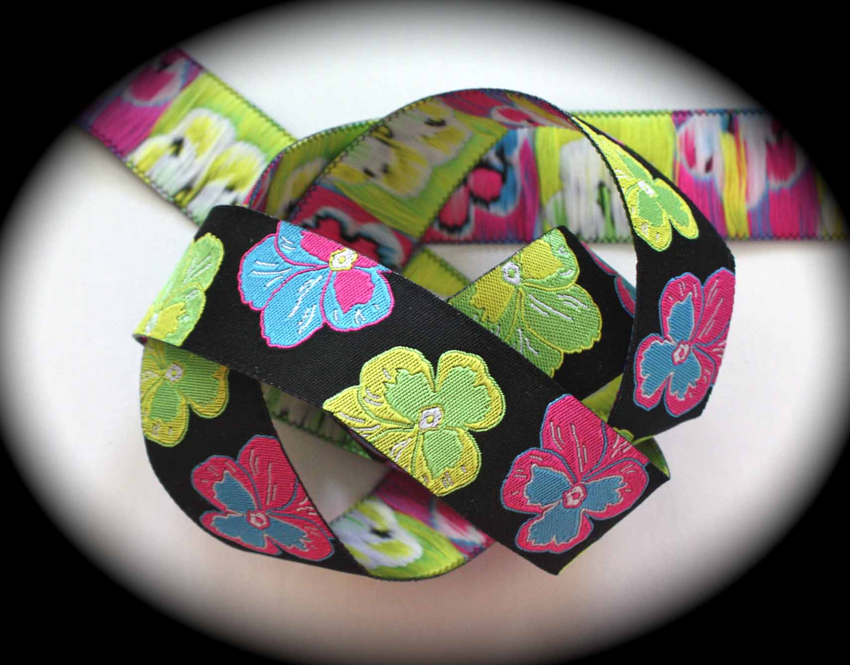 Pansy RibbonB 1" x 25 yds Black, Pink, Yel, Lime, Blue