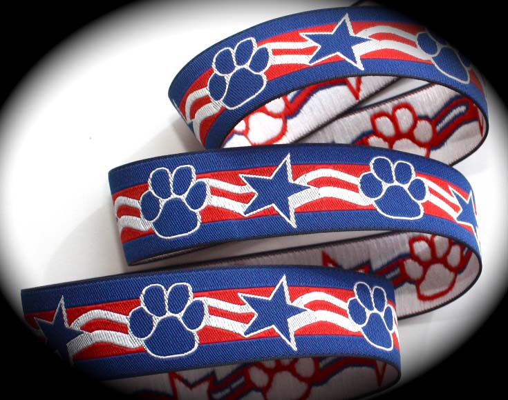 CHERYL Patriotic Dog Paw Ribbon 1" Red, White, Blue 50 yards
