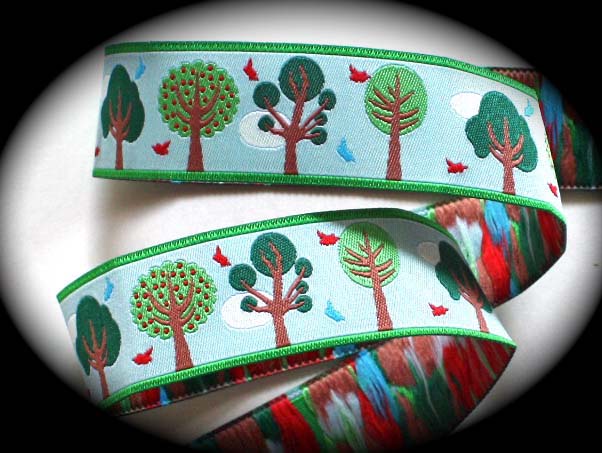 TREE and BIRDS 1" (3 YDS) Green,Brown,Red, Blue Back in stock